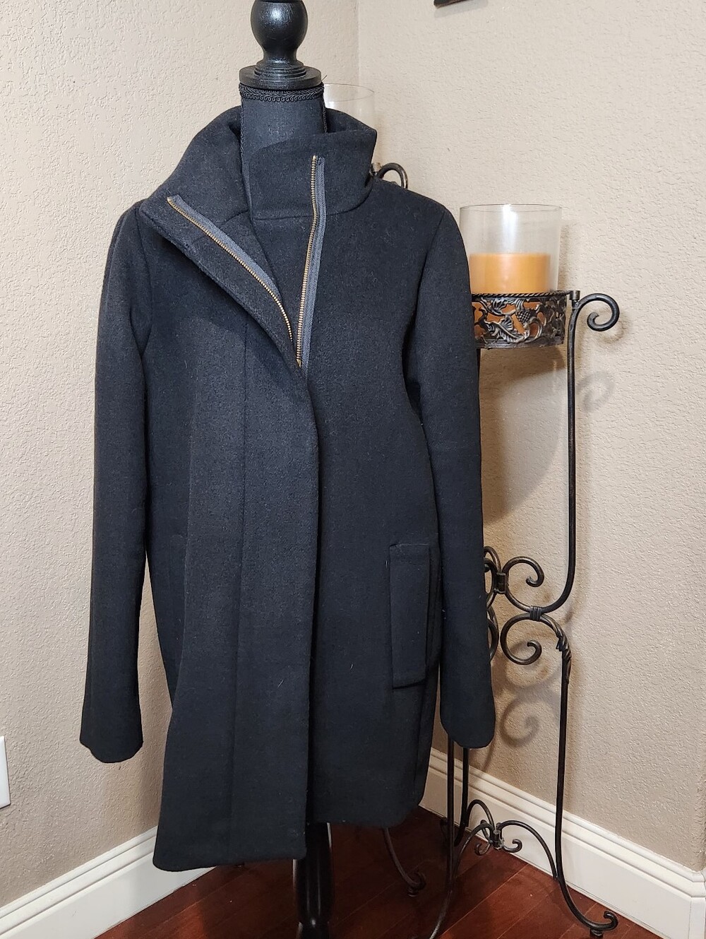 J. Crew Black City Cocoon Coat Wool-Blend Lined Coat with Funnel Collar Size 12